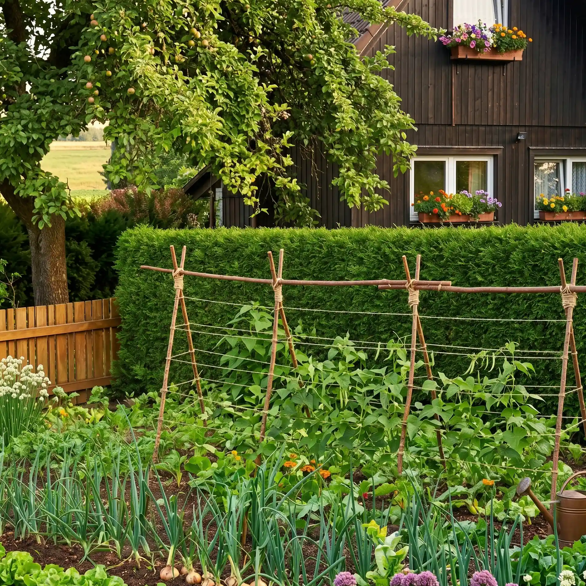 Nutzgarten und Naturgarten mit Gemüsebeeten und heimischen Pflanzen