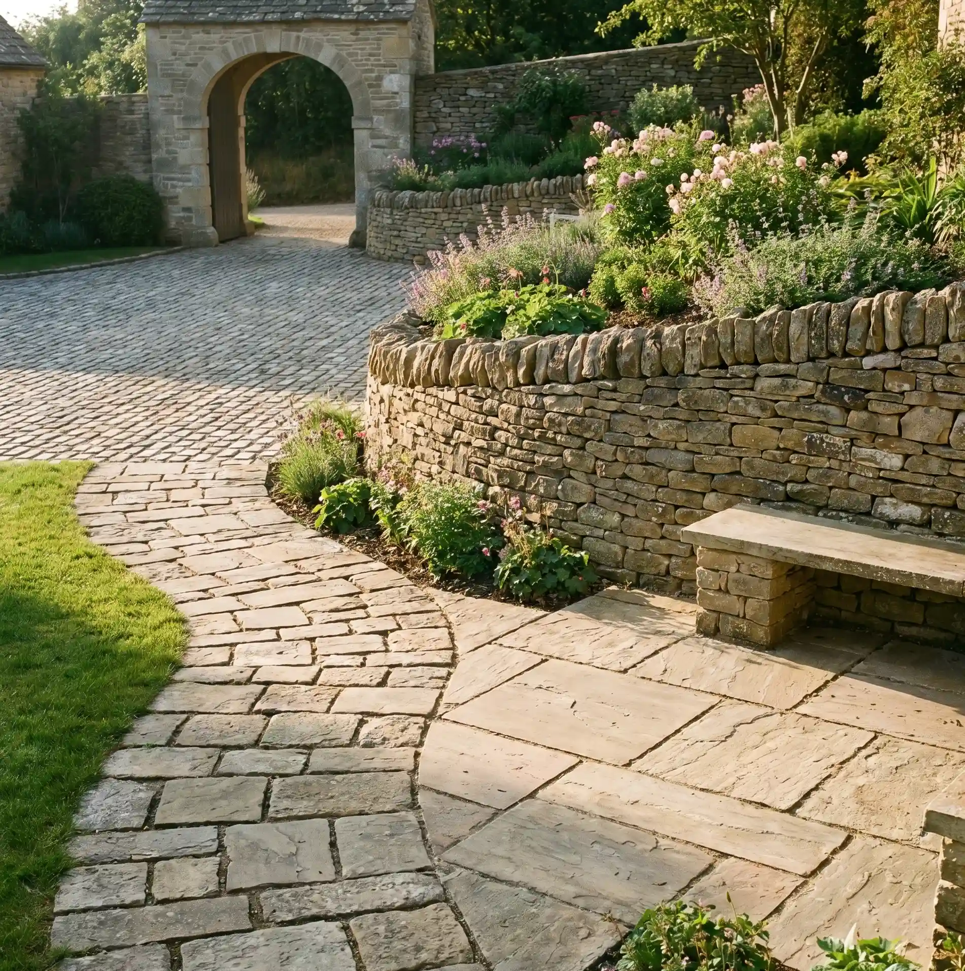 Pflasterung und Natursteinmauer im Garten – sauber verlegt und langlebig